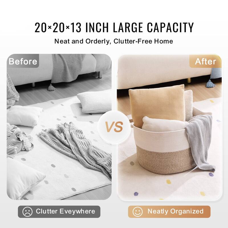 Foldable Cotton Rope Basket 67L for Laundry and Home Storage - 20 x 20 x 13 in