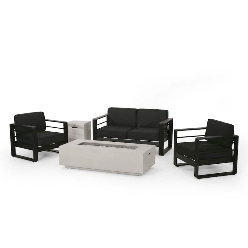 Maya Bay Outdoor Aluminum 4 Seater Chat Set with Fire Pit by Christopher Knight Home - Black + Gray + Light Gray