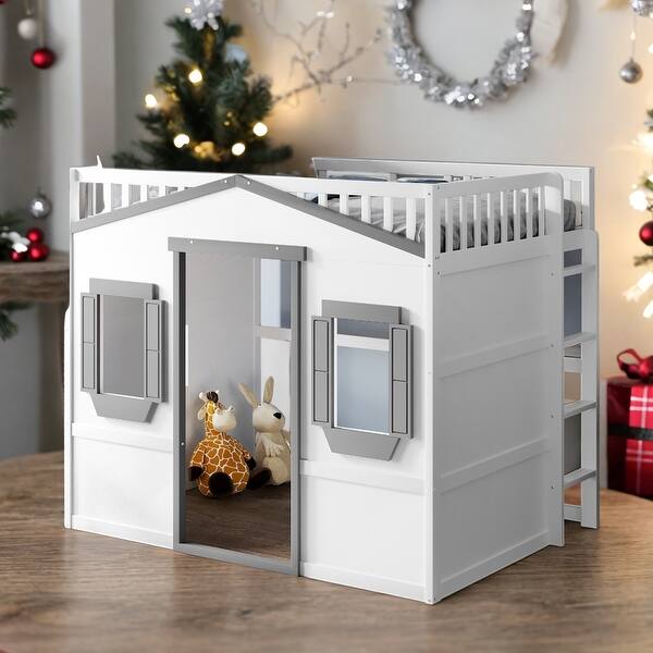 slide 2 of 32, Twin Size House Loft Bed With Ladder and Guaranteed, Stability, White+Gray