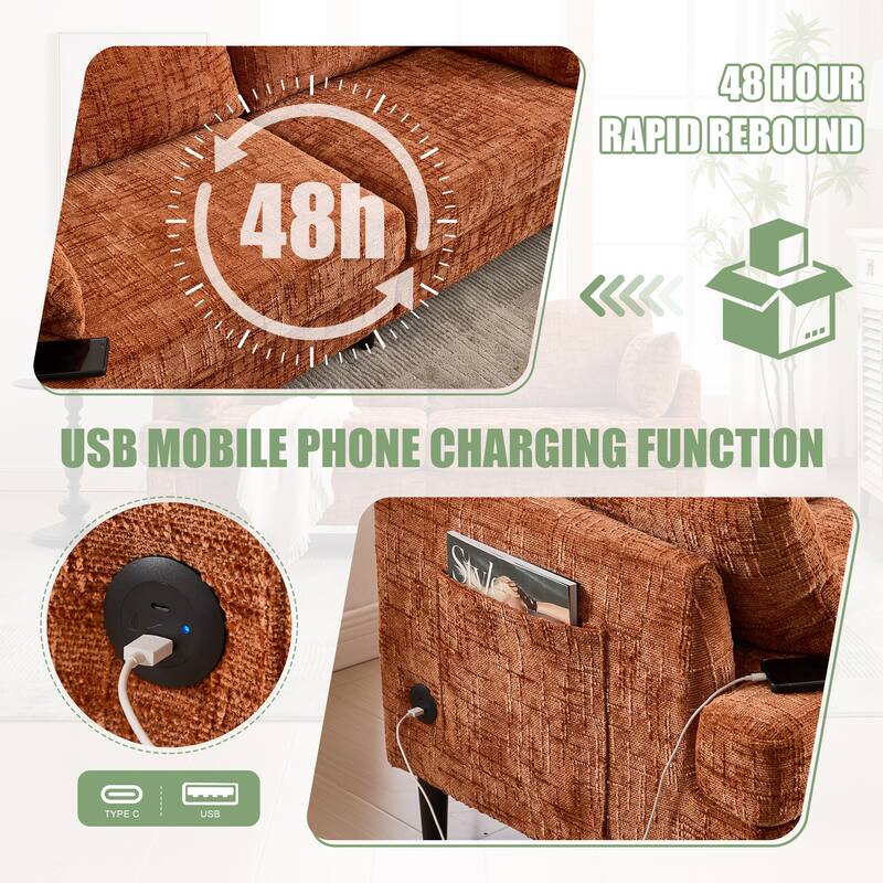 Modern Style Chenille 2-Seater Wood-Legged Sofa With Led Light,USB Charging Port And Storage Bag Living Room Bedroom Study Room