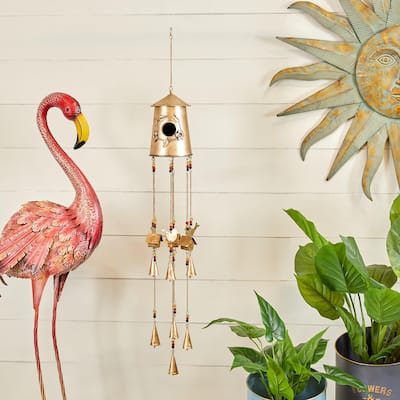 Bronze Metal Handmade Birdhouse Animal Indoor Outdoor Windchime with Glass Beads and Bells