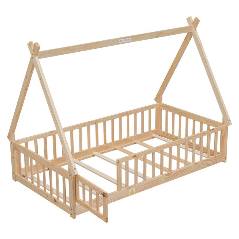 Twin Size Pine Tent-shaped Floor Bed with Guardrails & Door