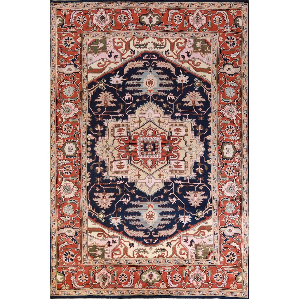 Hand Knotted Oriental 100% Wool Carpet Traditional Medallion Navy Blue & Blues Heriz (serapi) Area Rug - 13' 10'' X 9' 11''