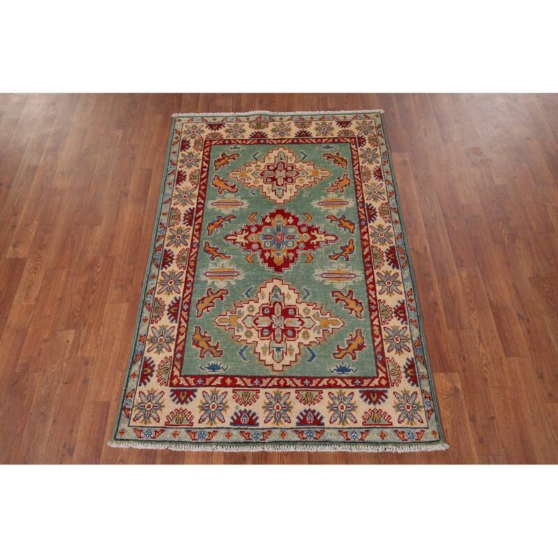 Light Green Kazak Accent Rug Handmade Wool Carpet - 3'5" x 4'11"