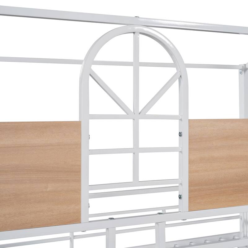 White Twin Over Twin Metal Bunk Bed with Slide, Playhouse Design