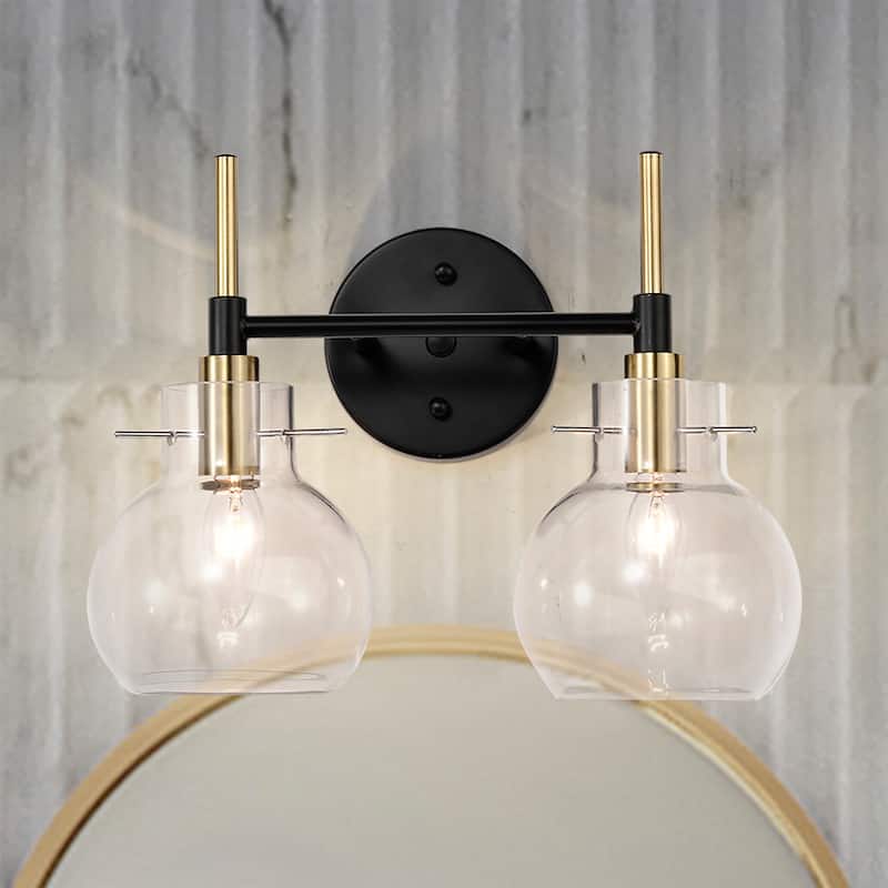 Layla 14 Inch Clear Glass Design Wall Sconces with 2 Light - N/A - Matte Black and Brass