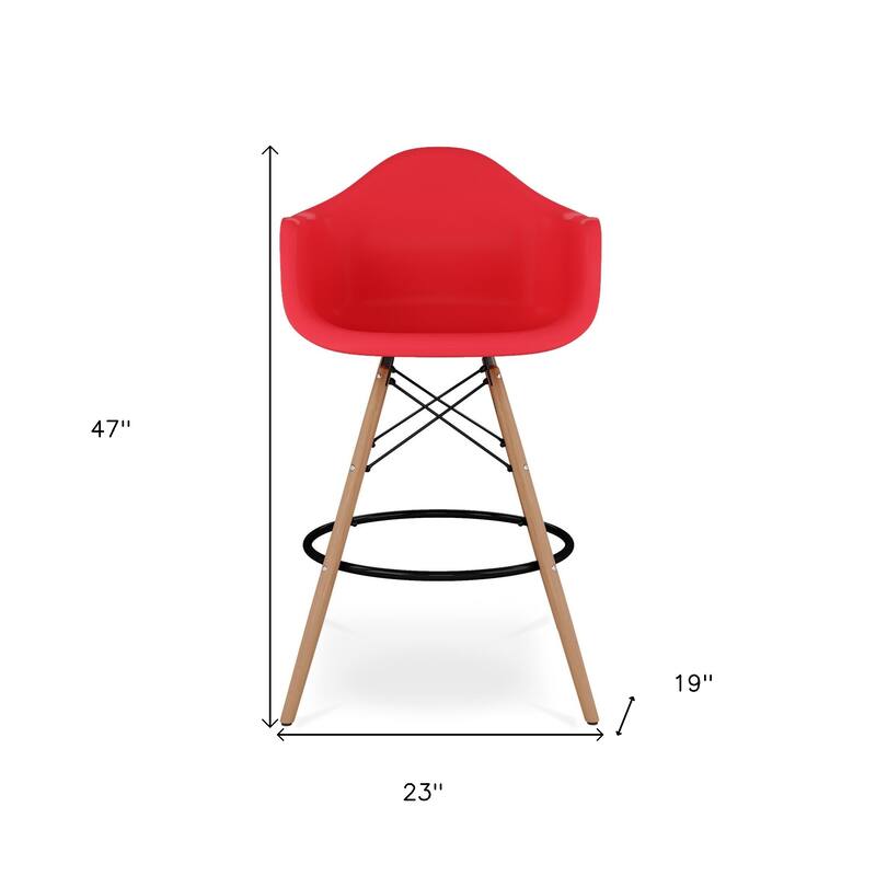 HomeRoots 28" Red And Brown Heavy Duty Plastic And Solid Wood Low Back Counter Height Bar Chair