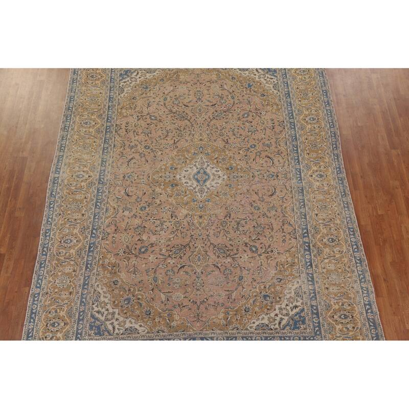 Distressed Floral Kashan Persian Antique Area Rug Handmade Wool Carpet - 9'0" x 12'5"