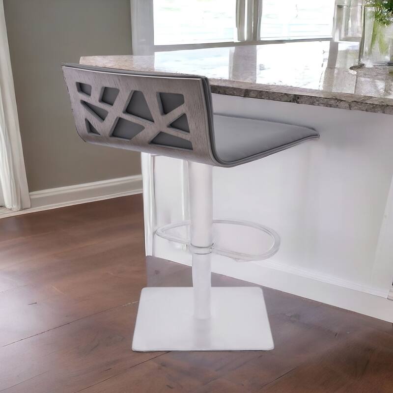 Grey Fabric Adjustable Height Bar Chair with Silver Iron Frame and Footrest - 17” x 19” x 41” (D x W x H)