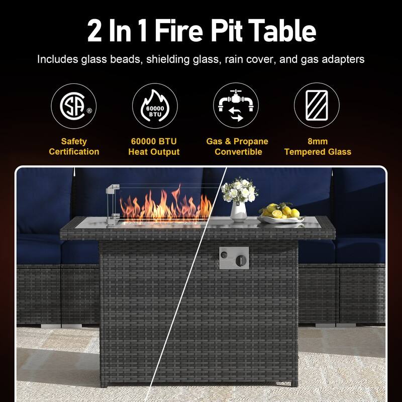 7 Piece Outdoor Sectional Modular Wicker Patio Conversation Set with 43'' Fire Pit Table and Cushion