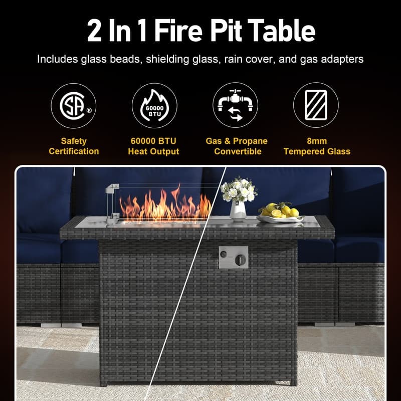 FINCATI 10-Piece Outdoor Wicker Sectional Furniture Set with Fire Pit Table for Backyard Patio - 10 PCS