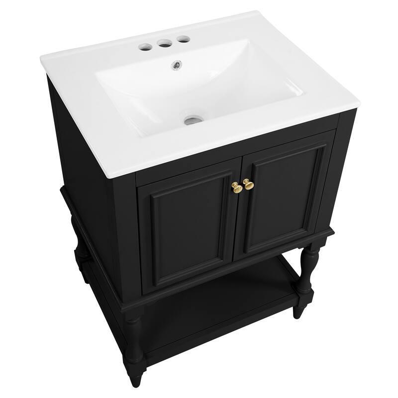 24 inch Modern Luxury Bathroom Vanity with Ceramic Sink, Bathroom Cabinet with Open Shelf and Closed Storage