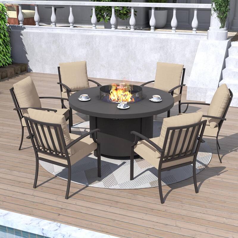 Metal 7 Piece Outdoor Dining Set with Round Fire Pit - 6Chairs + RoundFirepit