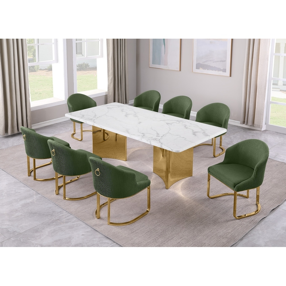 Best Quality Furniture 9pc Marble Dining Set Teddy Fabric Chairs