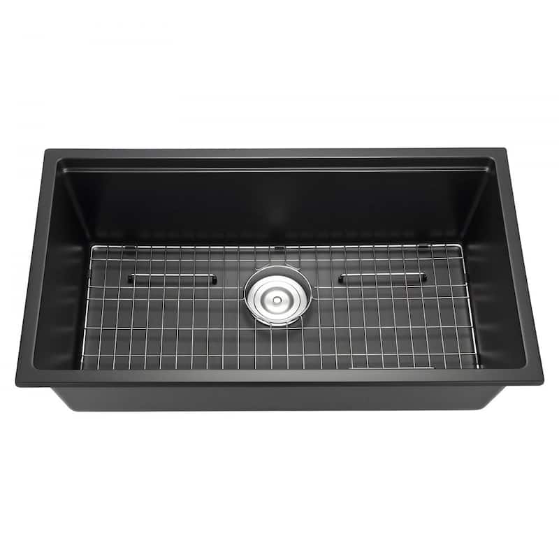 Black Granite Undermount Kitchen Sink with Single Bowl and Cutting Board and Roll-Up Rack