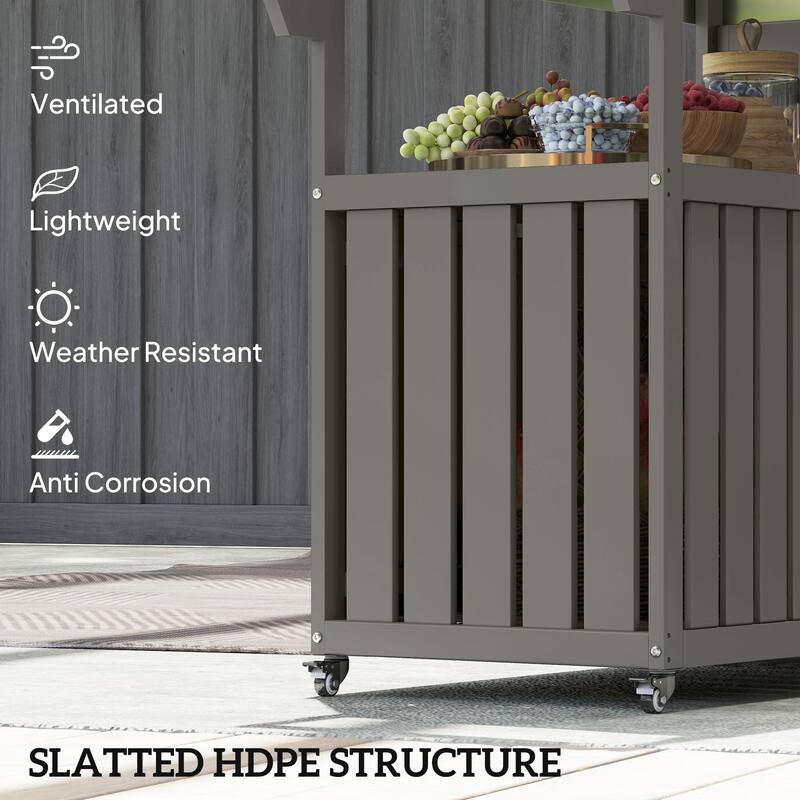 Stainless Steel and HDPE Outdoor Bar Cart with Cabinet, Hooks, and Swivel Casters Mobile Serving Table