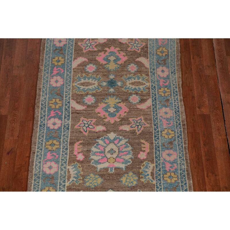 Hand Knotted Oriental 100% Wool Carpet Transitional Floral Brown Oushak Runner Rug - 15' 3'' X 3' 4''