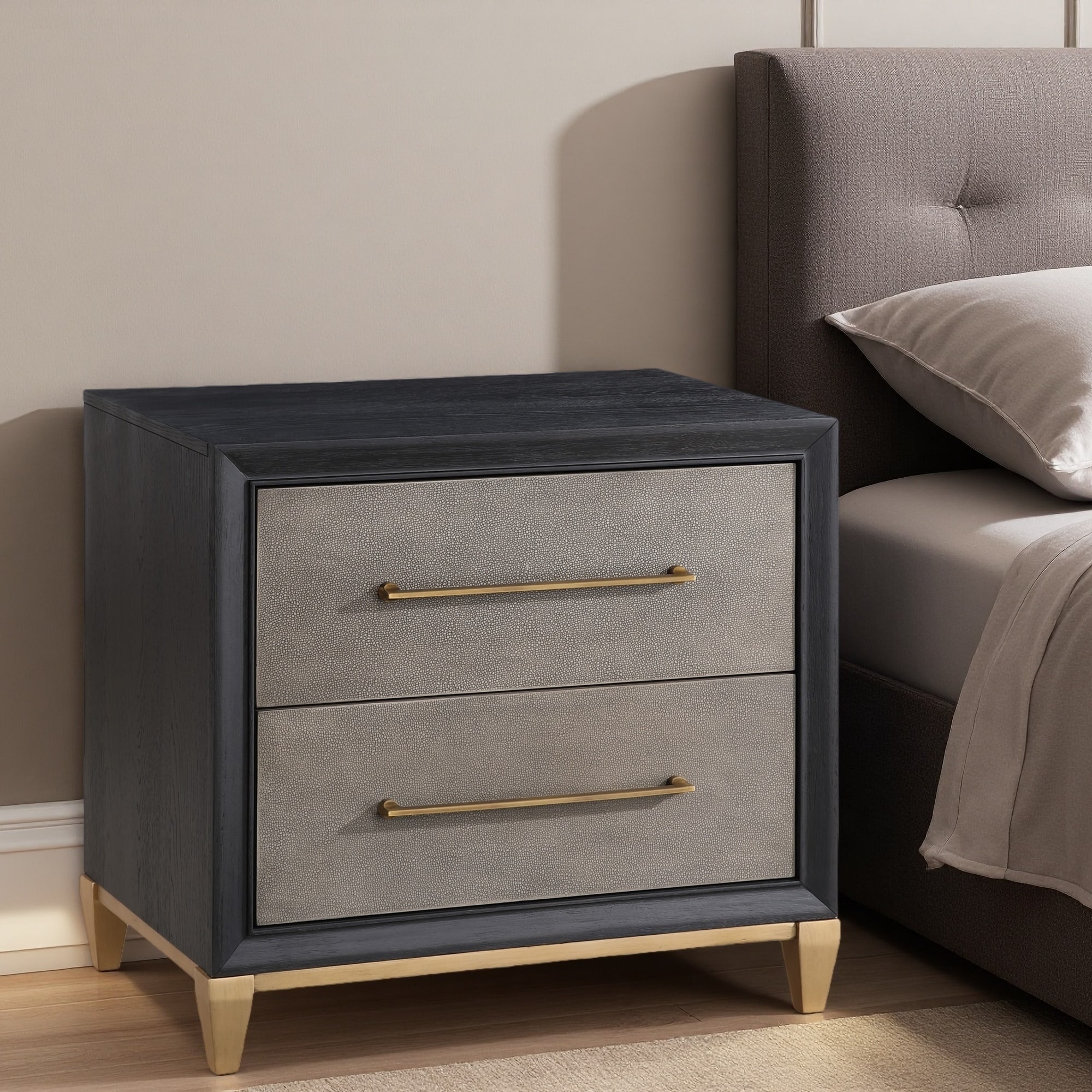 28"L Wood Nightstand with Brushed Gold Hardware, Tapered Legs, Two Drawers, Contemporary Wooden Bedroom Furniture