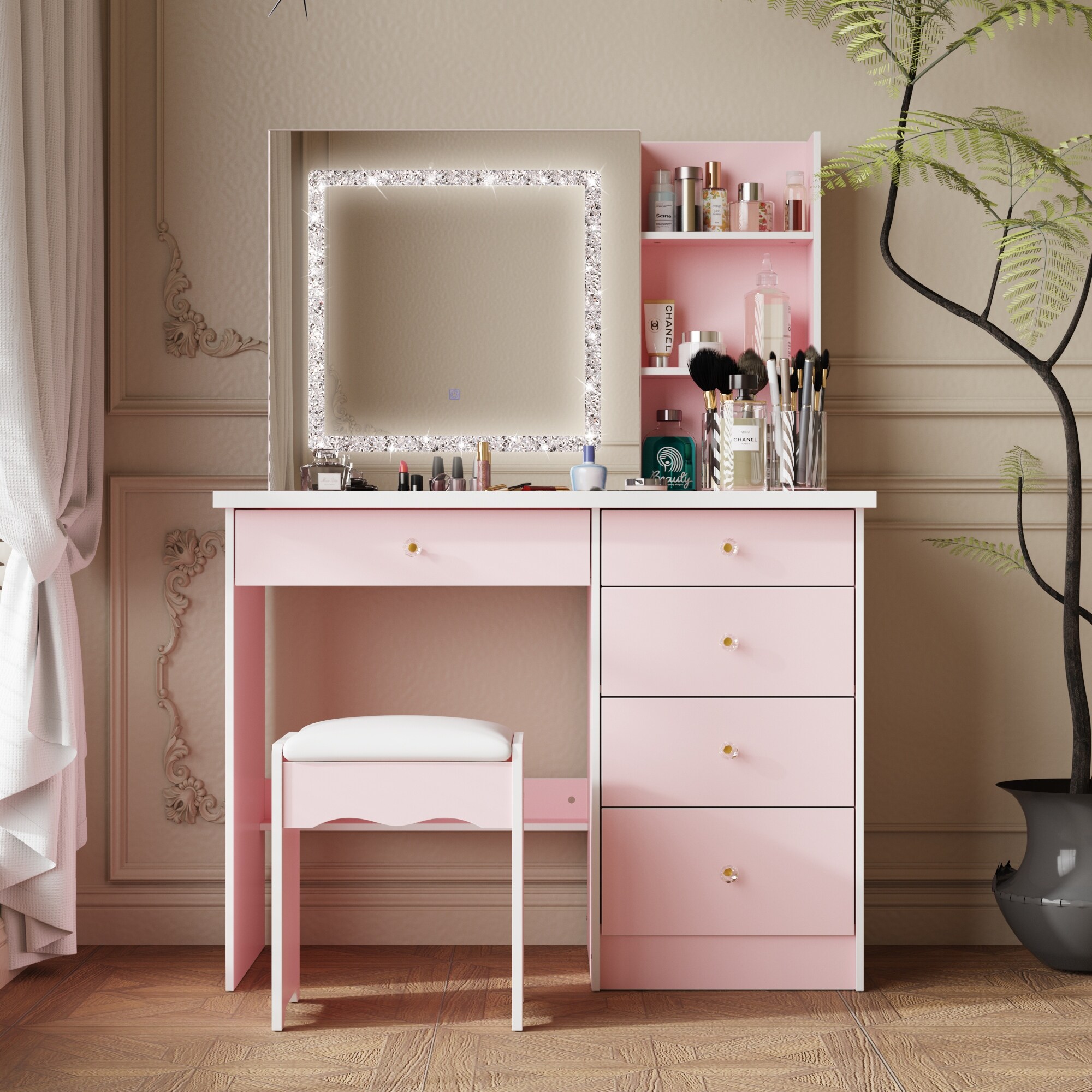 Makeup vanity set with stool and mirror hot sale
