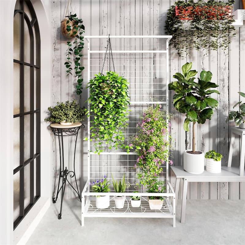 74-Inch Tall Steel Flower Stand with Trellis and Hanging Basket Roof for Garden Patio Plants - 36.2" W x 12.8" D x 74.2" H