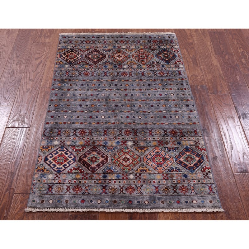 Golden Nile Grey Khorjin Persian Gabbeh Hand Knotted Wool Rug - 2' 9" X 4' 4"