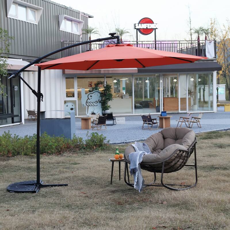 9.67 ft. Steel Market Outdoor Patio Umbrella with 40 lights, Solar LED Offset Hanging Umbrella (No Base) - Orange