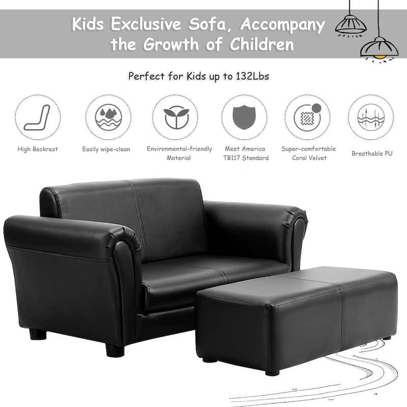 Children's 2-Seater Sofa with Ottoman for Lounge and Play - 32.5" x 16.5" x 16"