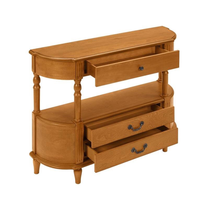 Retro Curved Wood Console Table with 3 Drawers, 43" Entry Table with Storage Shelf, Sofa Table with Solid Wood Legs