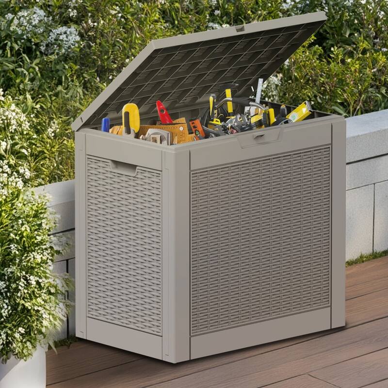 30 Gallon Outdoor Storage Box with Woodgrain or Rattan Effect /Durable, Weatherproof, UV Protected, Easy to Assemble - 30GAL