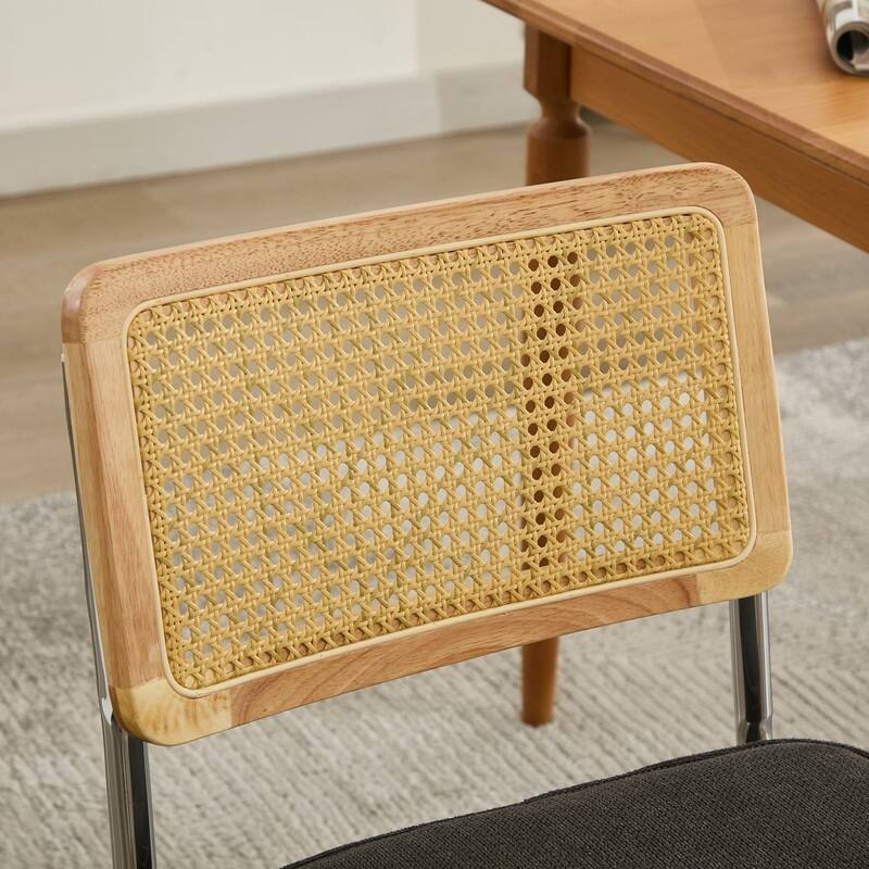 Mid Century Modern Dining Chairs Set of 2, Natural Cane Back & Stainless Chrome Base, Upholstered Rattan Kitchen Chairs