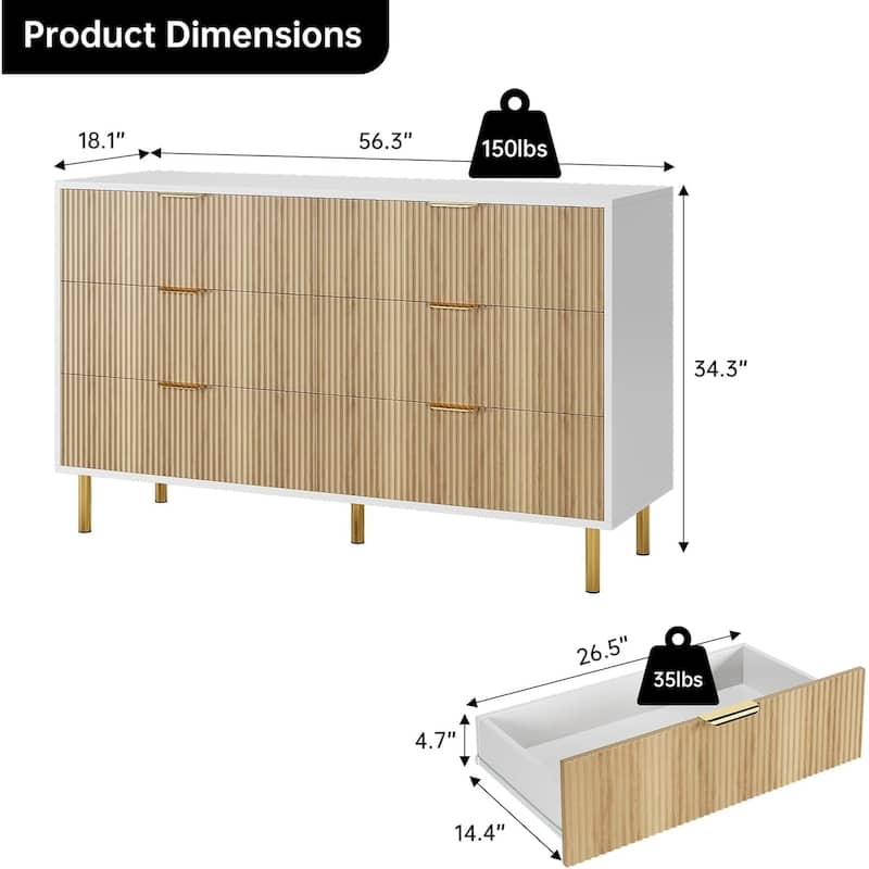 6 Drawer Dresser for Bedroom with Gold Handles, Modern Wooden Chest of Drawers