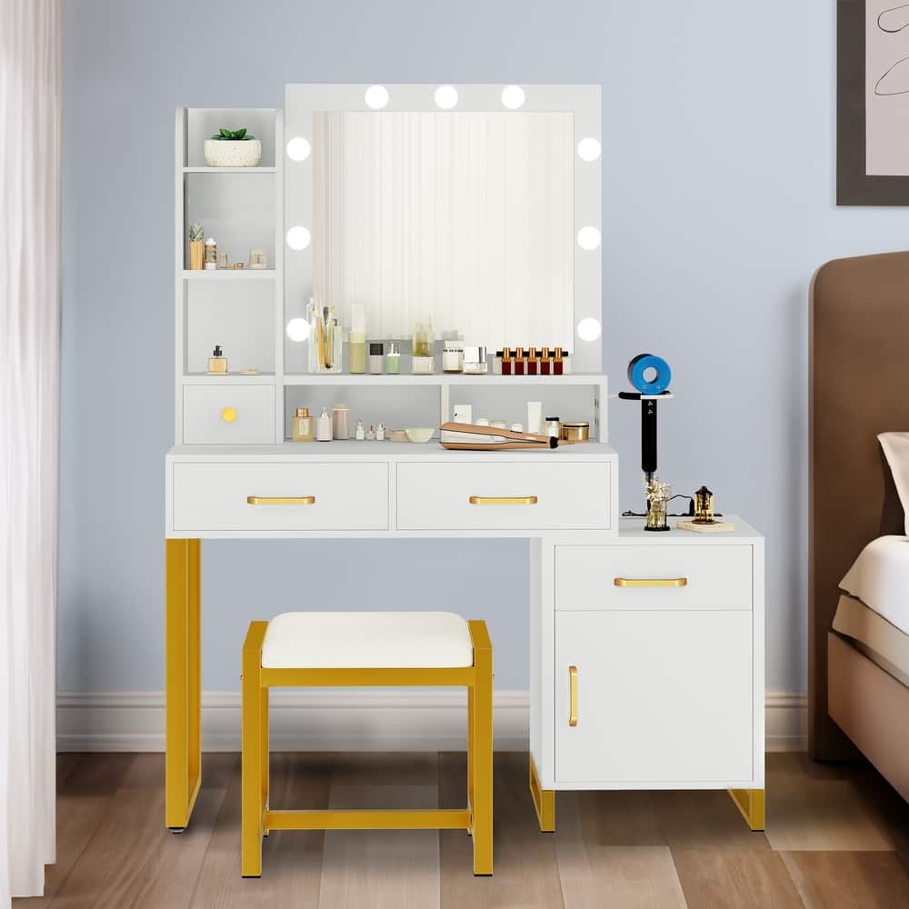 Makeup Table 9 LED Lights with 4 Drawers Vanity Set Dressing Desk Stool Mirror - 37.4"L X 15.3"W X 53.9"H