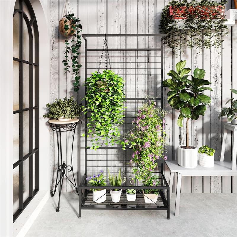 74-Inch Tall Steel Flower Stand with Trellis and Hanging Basket Roof for Garden Patio Plants - 36.2" W x 12.8" D x 74.2" H
