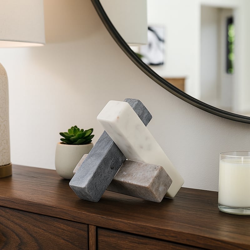 Stone Marble Decorative Object Sculpture Interlocking Angular Design - 6" x 6" x 6"