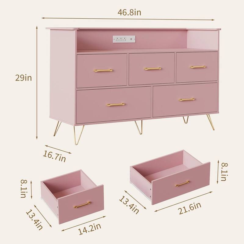 5 Drawer Dresser TV Stand for Bedroom with Charging Station & LED Lights