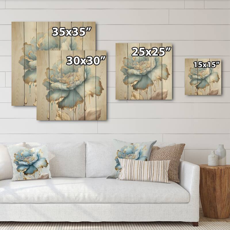 Designart 'Chic Blue Blooming Flower III' Floral Wood Wall Art - Natural Pine Wood