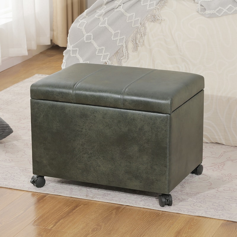 Adeco Faux Leather Storage Ottoman for Living Room Footstool - Green-With Casters