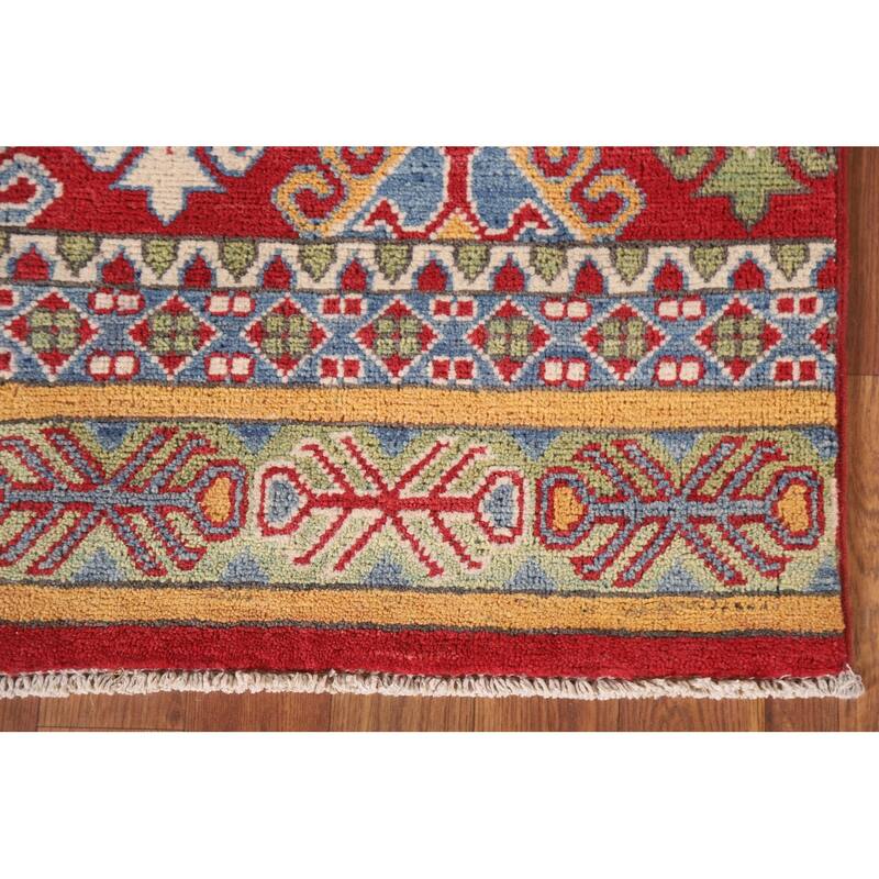 Hand Knotted Oriental 100% Wool Carpet Traditional All-Over Multi-Colored Kazak Runner Rug - 13' 11'' X 2' 6''