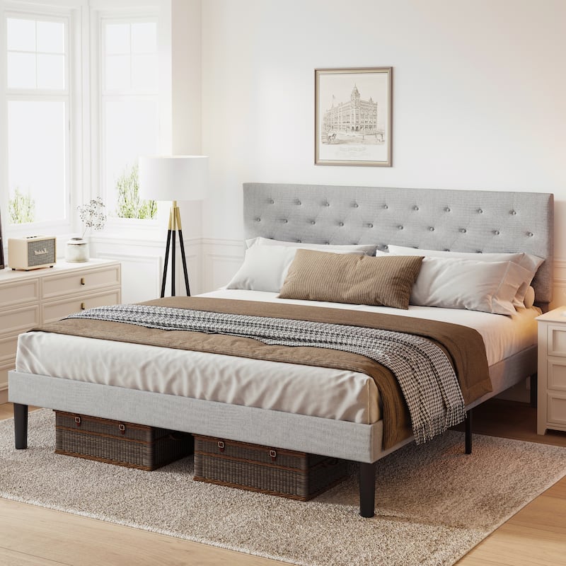 Tufted Light Grey Upholstered Queen Size Platform Bed