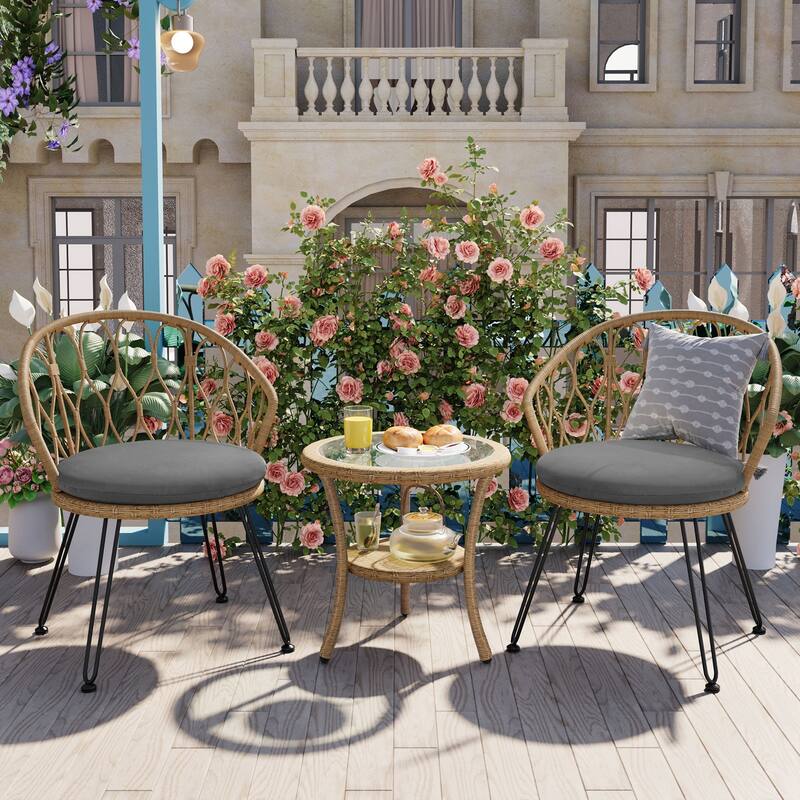 Outdoor Leisure Set, 2 Rattan Single Chairs with A Glass Round Table, Perfectly Suited for Patios, Balconies, and Courtyards