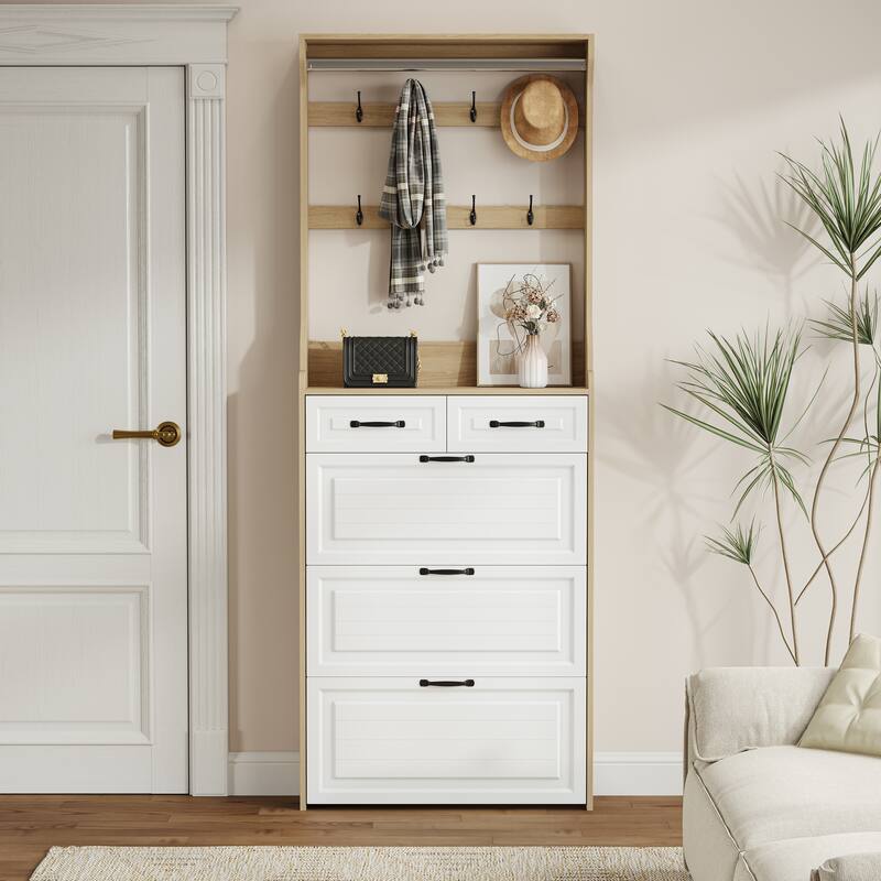 Entryway Shoe Cabinet with Hooks-3 Flip Drawers-Up to 12 Pairs of Shoe