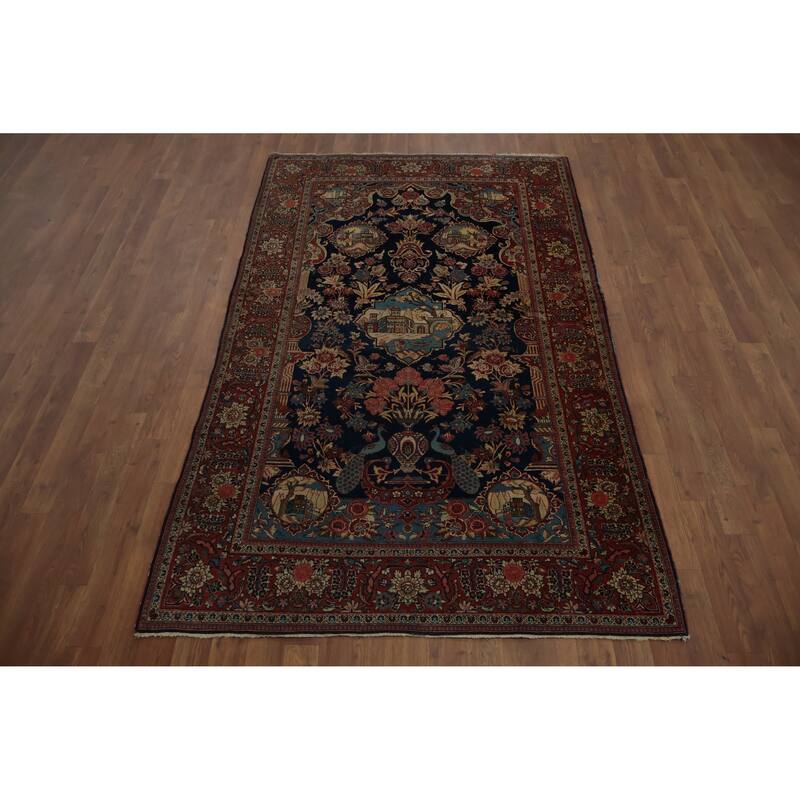 Hand Knotted Oriental 100% Wool Carpet Traditional Floral Navy Blue & Blues Kashan (Dabir) Area Rug - 7' 1'' X 4' 2''