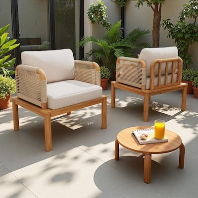 Outdoor Patio Acacia Wood Rope Weave Arm Chair with Water-Repellent Cushions