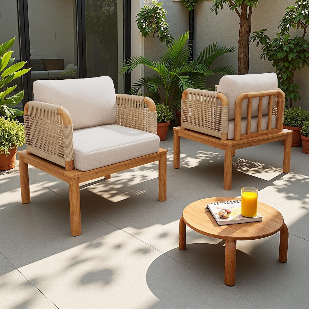 Outdoor Patio Acacia Wood Rope Weave Arm Chair with Water-Repellent Cushions