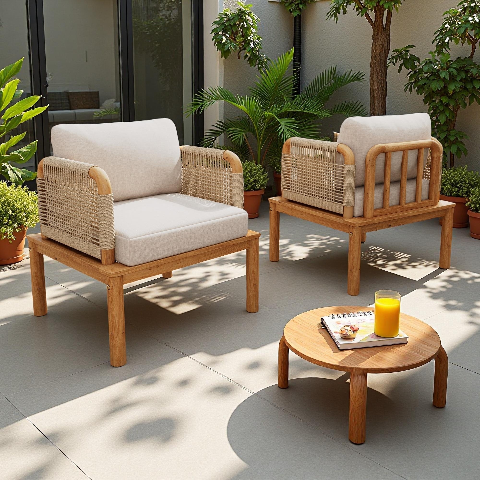 Outdoor Patio Acacia Wood Rope Weave Arm Chair with Water-Repellent Cushions