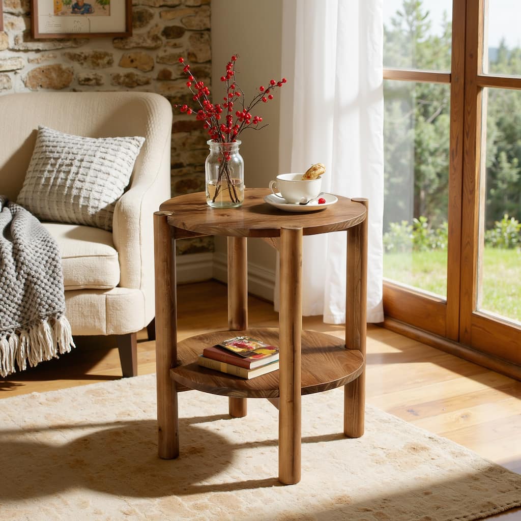 2 Tier Solid Wood Round Side Table, Farmhouse End Table with Storage Shelves