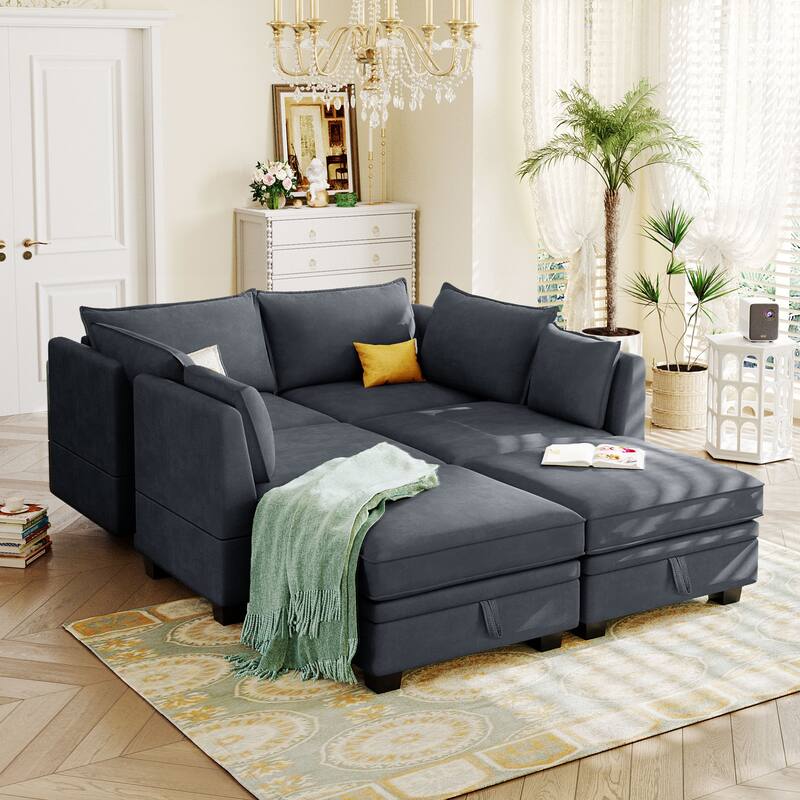 U-Shape Modular Sectional Sofa with Convertible Bed, Reversible Chaise,Storag