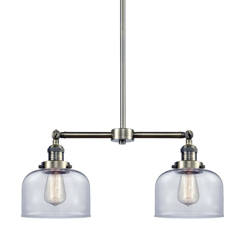 Innovations Lighting Large Bell 2 Light 24" Wide Linear Chandelier - Antique Brass / Clear
