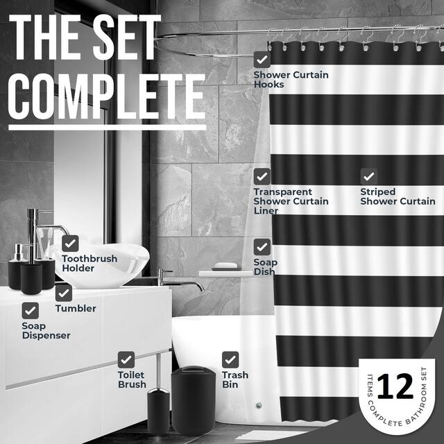 Clara Clark 12 Piece Complete Bathroom Accessories Kit with Shower Curtain Set and Bath Rug Set