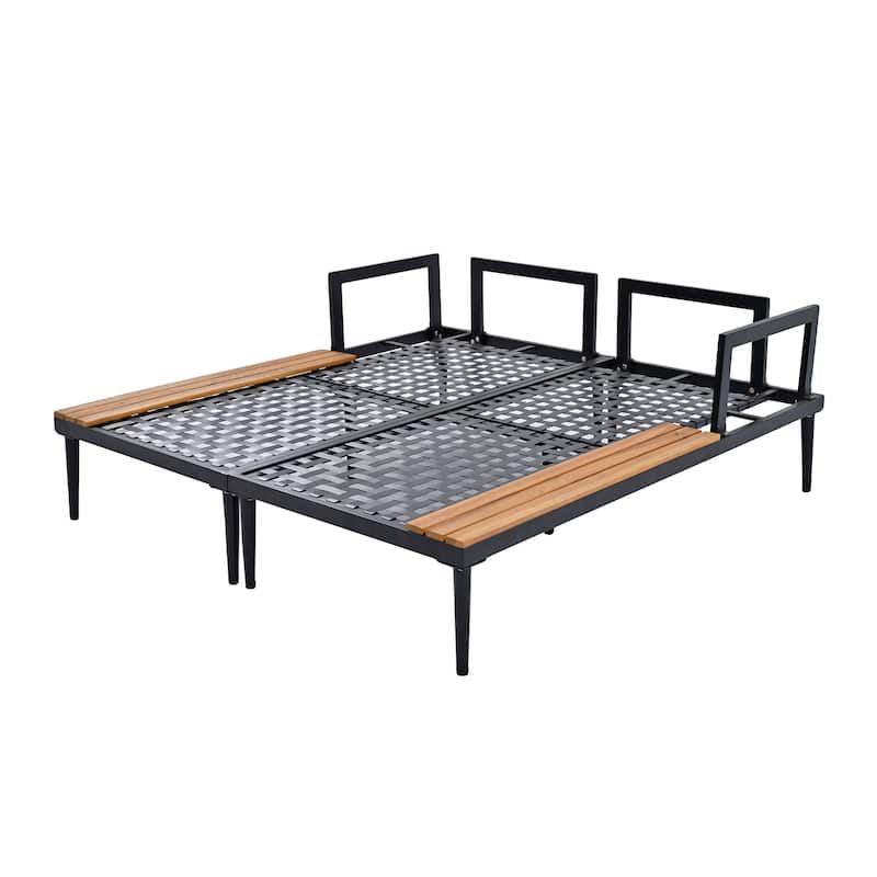 59*55" Outdoor Metal Daybed Frame with Removable Cushion, Patio 2 in 1 Padded Lounge Chaise with Wood Side Table for Drinks